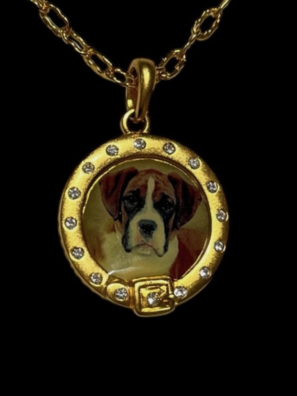 Danbury Mint Pendant Necklace Boxer Dog Gold Tone Collar Round Puppy Rescue DM